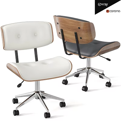 Swivel Table And Chair Combination With White Dark Leather Seats Wooden Backs Metal Bases 3d model