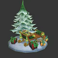 Green Layered Paper Craft Christmas Tree With Decorative Sleigh And Gift Boxes On Snow
