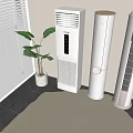 Three Modern Tower Air Conditioner Fans In White And Pink With Green Plant Indoor
