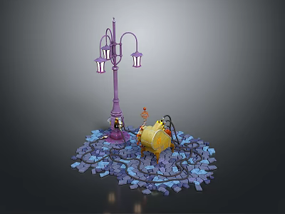 Detailed 3D Scenery With Purple Street Lamp Yellow Barrel And Blue Gravel Ground 3d model