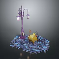 Detailed 3D Scenery With Purple Street Lamp Yellow Barrel And Blue Gravel Ground