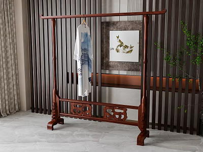Chinese Style Wooden Clothes Rack With Carved Design Hanging Decorative Garment In Elegant Indoor Space 3d model