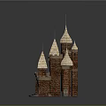 Medieval Castle Architecture With Multiple Conical Spires And Brick Tower Structures 3d model