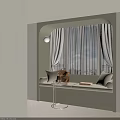 Light Colored Window Seat Cabinet With Curtains Cushions And Small Table