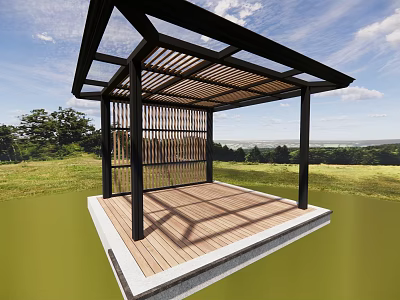 Garden Landscape Featuring Modern Pergola With Wooden Deck Metal Frame Shaded Roof And Green Lawn 3d model