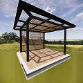 Garden Landscape Featuring Modern Pergola With Wooden Deck Metal Frame Shaded Roof And Green Lawn