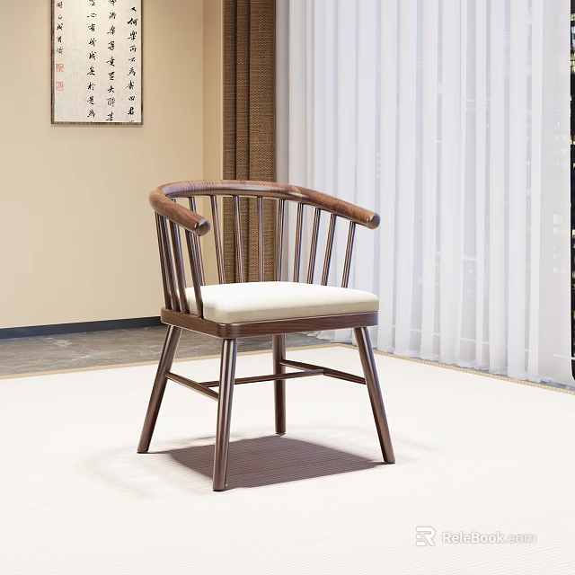 Modern Chinese Style Wooden Tea Chair With Armrest And Beige Cushion 3d model 