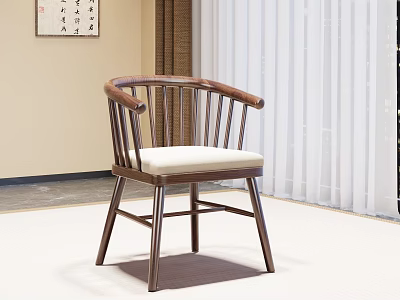 Modern Chinese Style Wooden Tea Chair With Armrest And Beige Cushion 3d model