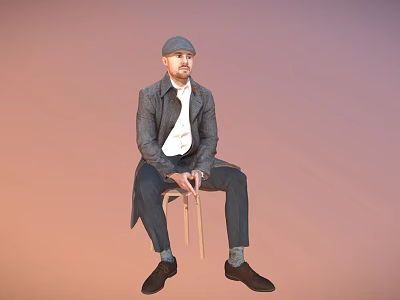 Man Sitting on Wooden Chair Wearing Gray Coat White Shirt Cap Against Pink Gradient Background 3d model