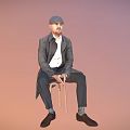 Man Sitting on Wooden Chair Wearing Gray Coat White Shirt Cap Against Pink Gradient Background