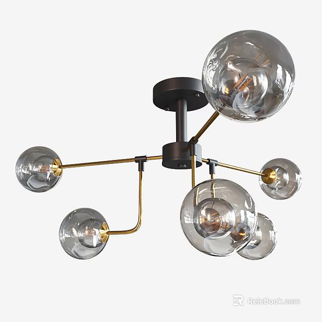 Modern Ceiling Light With Transparent Glass Globes And Golden Arms 3d model 