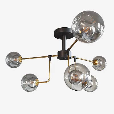Modern Ceiling Light With Transparent Glass Globes And Golden Arms 3d model