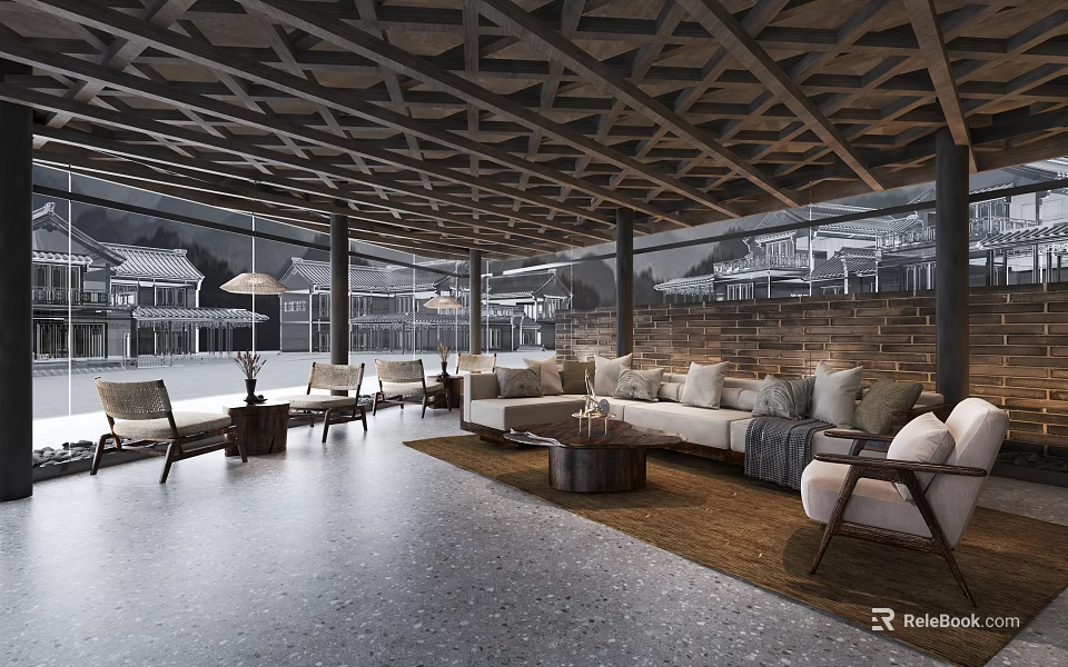 Modern Lounge Interior With Wooden Ceiling Sofa Coffee Table And Large Windows 3d model 