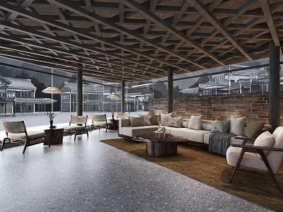 Modern Lounge Interior With Wooden Ceiling Sofa Coffee Table And Large Windows 3d model