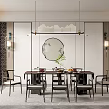 Chinese Style Restaurant Interior With Round Dining Table Hanging Lamps And Landscape Decorations