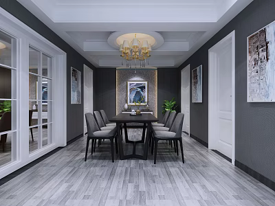 Elegant Restaurant Interior With Chandelier Dining Table Chairs Gray Walls Paintings And Wooden Floor 3d model