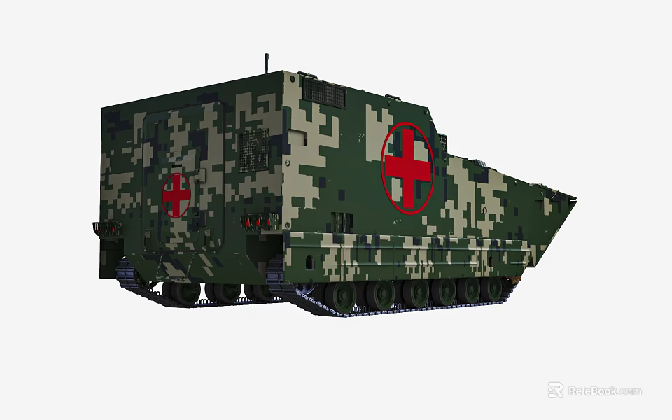 Military Medical Tank With Camouflage Pattern Red Cross Symbol And Tracked Wheels 3d model 
