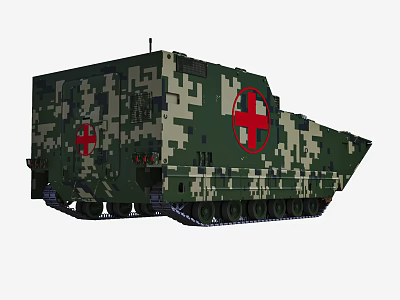Military Medical Tank With Camouflage Pattern Red Cross Symbol And Tracked Wheels 3d model