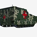 Military Medical Tank With Camouflage Pattern Red Cross Symbol And Tracked Wheels