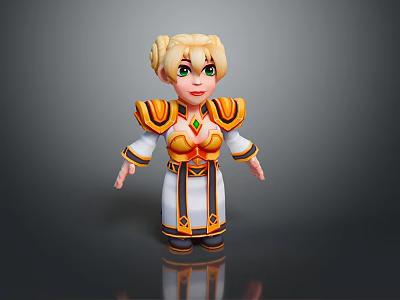 Cartoon Style 3D Character With Blonde Hair Green Eyes White Robe Gold Orange Accents 3d model