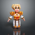 Cartoon Style 3D Character With Blonde Hair Green Eyes White Robe Gold Orange Accents