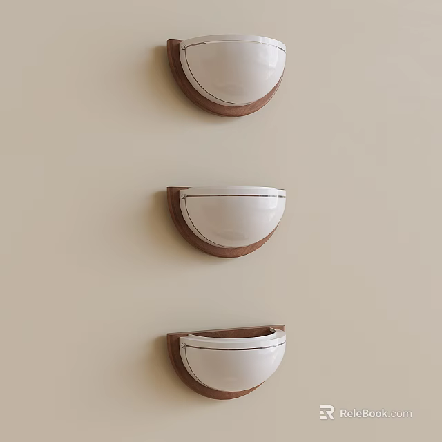 Three Modern Wall Sconces With White Shades And Wooden Frames On Light Wall 3d model 