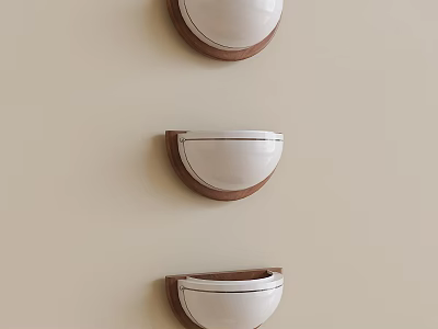 Three Modern Wall Sconces With White Shades And Wooden Frames On Light Wall 3d model