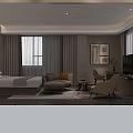 Modern Hotel Room Interior With Large Bed Sofa Armchair TV Window Curtains And Rug