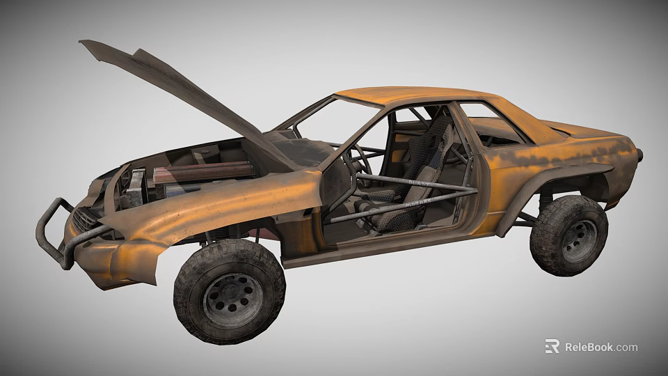 Rusty Off Road Car With Open Hood And Doors And Large Tires 3d model 