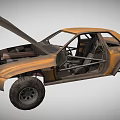 Rusty Off Road Car With Open Hood And Doors And Large Tires