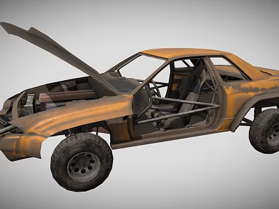 Rusty Off Road Car With Open Hood And Doors And Large Tires 3d model