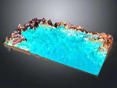 Artistic Tabletop Landscape With Blue Resin Surface And Brown White Rock Edges 3d model