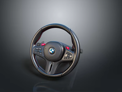 Black Leather Steering Wheel With BMW Logo Control Buttons And Red Accents 3d model