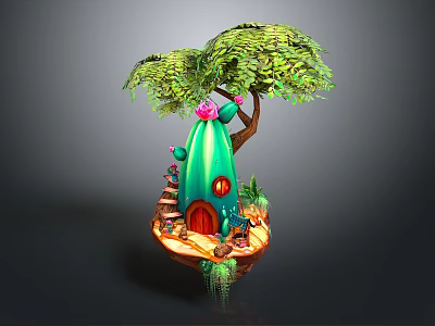 Cartoon Scene Featuring Floating Island With Green Tree Cactus House Red Door And Small Plants 3d model