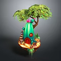 Cartoon Scene Featuring Floating Island With Green Tree Cactus House Red Door And Small Plants