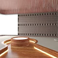 Bath Center Interior With Circular Stone Platform Illuminated Light Strips And Brown Brick Walls