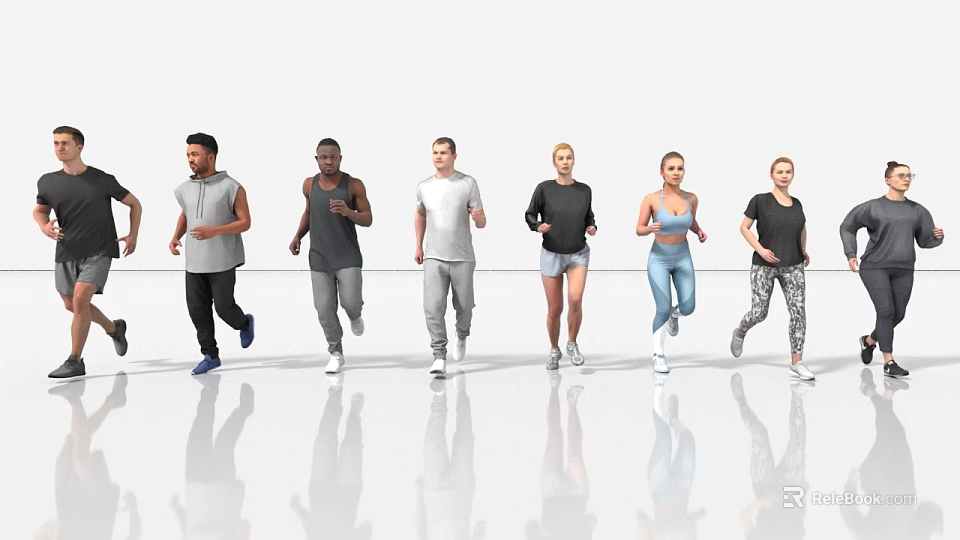 Group of People Running in Activewear on White Reflective Floor Surface 3d model 
