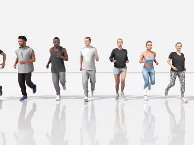 Group of People Running in Activewear on White Reflective Floor Surface 3d model