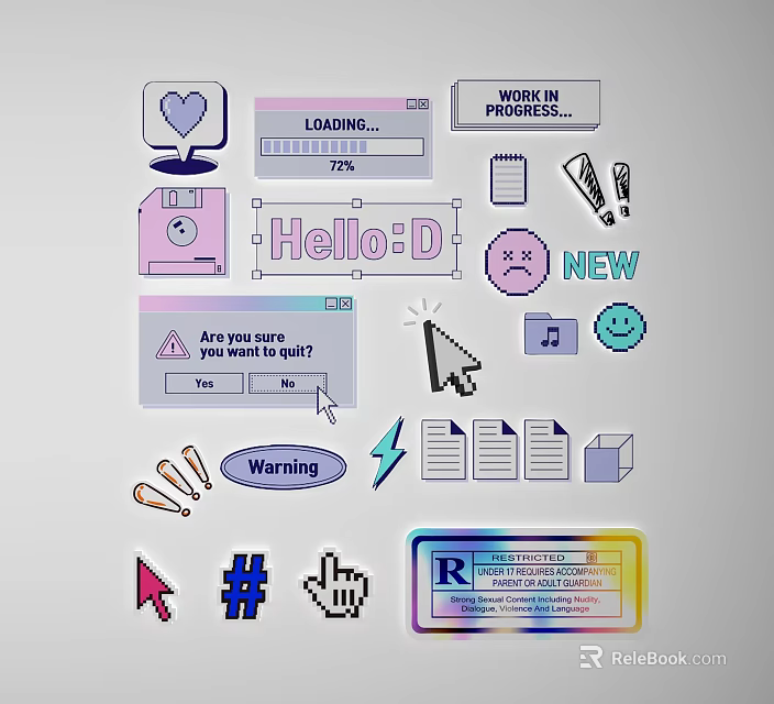 Vintage Digital Wall Decor with Pixel Icons Retro Computer Elements Loading Bar And Emoji Stickers 3d model