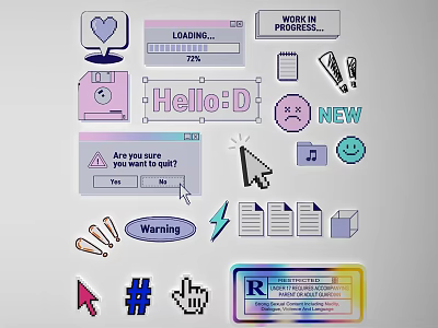 Vintage Digital Wall Decor with Pixel Icons Retro Computer Elements Loading Bar And Emoji Stickers 3d model
