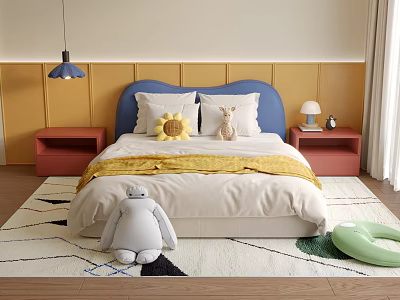 Cozy Double Bed With Blue Headboard Yellow Blanket Sunflower Pillow And Rabbit Plush 3d model