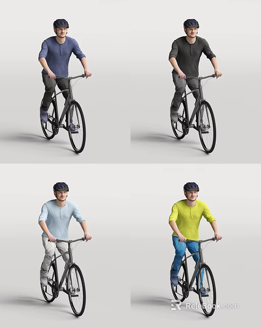 Man Riding Bicycle Wearing Casual Clothes And Helmet In Different Colored Shirts 3d model 