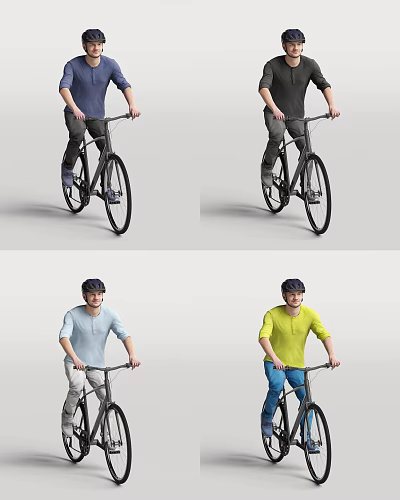 Man Riding Bicycle Wearing Casual Clothes And Helmet In Different Colored Shirts 3d model