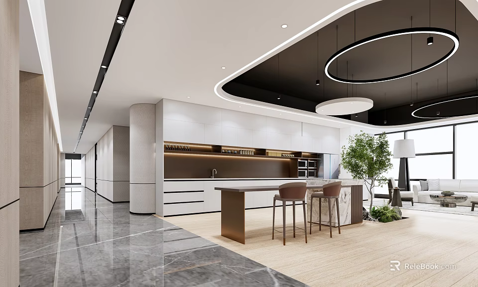 Modern Pantry Interior Design With White Cabinets Countertop Stools And Lighting 3d model 