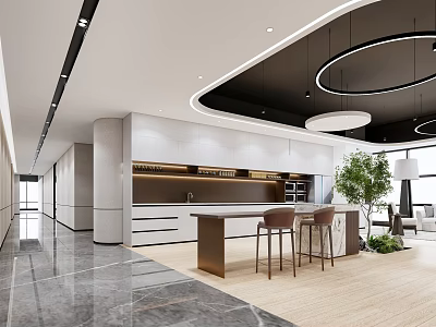 Modern Pantry Interior Design With White Cabinets Countertop Stools And Lighting 3d model