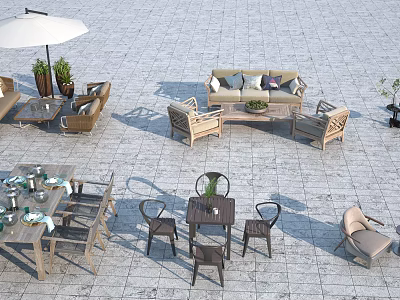 Outdoor Sofa With White Parasol Wooden Chairs Coffee Table And Potted Plants On Patio Brick Floor 3d model