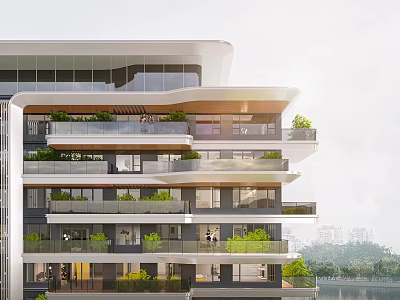 Modern Residential Building with Multiple Floors Green Plant Balconies Glass Windows and River View 3d model