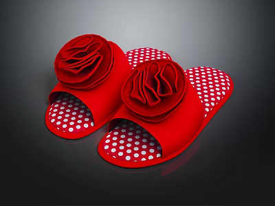 Red Slippers With Rose Decoration And Red White Polka Dot Sole 3d model