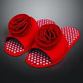 Red Slippers With Rose Decoration And Red White Polka Dot Sole