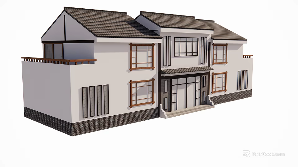 Rural Self Built House Exterior Design With White Walls Tiled Roof And Wooden Frames 3d model 